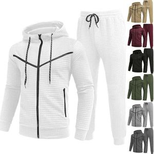 Tracksuits masculinos marca sweatsuit tecnologia velo 2 pçs hoodie estiramento treinamento wear jacquard pequenos quadrados casaco moletom esporte conjunto