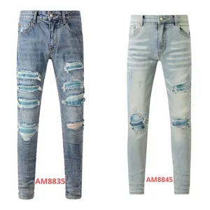 jeans firmati firmati Jeans da uomo jeans ricamati Jeans americani high street blue jeans strappati blu effetto consumato vernice gialla americana effetto effetto effetto effetto