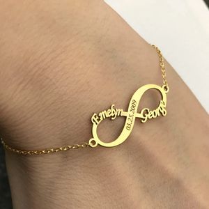 Charm Bracelets Personalized Jewelry Custom Double Name Date Infinity Bracelet Rose Infinity Nameplate Bracelets Stainless Steel Hand Chain 231201