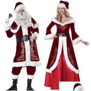 クリスマスの装飾Veet Men/Women Santa Claus Costume Suit Couple Party for Chmas Wholesale Drop Delivery Home Garden Festive Suppl Dhvta