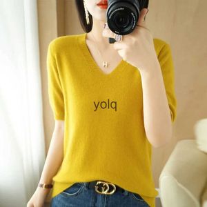 Kvinnors tröjor Spring Autumn Women Kort ärmar V-NE BOTTOMING SHIRT KNITWEAR 2023 Summer Camel Green Pink Pullovers Korean Jumpersyolq