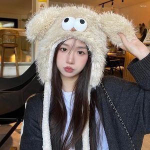 Berets Cartoon Plush Beanie Chapéu para Mulheres Furry Ear Flap Inverno Quente Esportes Ao Ar Livre Tempo Frio À Prova de Vento Headgear