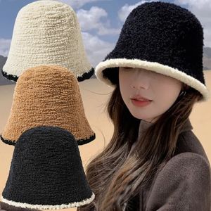 Szerokie brzegowe czapki wiadra damska zima ciepłe grube dzianinowy kapelusz jagnięcy wełna wełna czapka czapka mody Panama Fisherman Caps Gledy Plush Skull Beal 231130