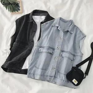 Damenwesten Denim Frauen Retro Cargo Umlegekragen Mode Koreanischer Stil College Ärmellose Kleidung Kawaii Junges Allgleiches Herbst BF