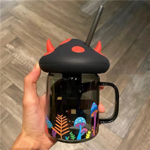 Mugs 525ml Small Devil Black Cat Mug Glass With Straw Mason Jar Halloween Mushroom Cup Water Bottle Festival Birthday Gift 231130