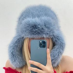 Berets 2023 Winter Blue Imitation Mink Lei Feng Hat Men And Women Plush Outdoor Warm Retro Ear Protection Cap Windbreak Russia Hats