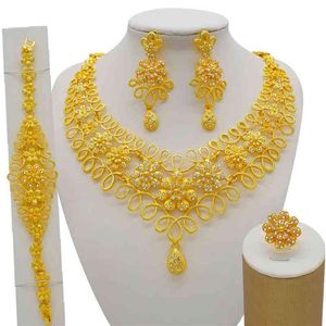 Nigeria Dubai 24K Gold Fine Flowers Zestawy biżuterii Afrykańskie ślubne prezenty ślubne imprezę dla kobiet Bransoletka Naszyjnik Pierścień Se 2229f
