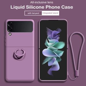 Liquid Silicone Magnetic Case For Samsung Galaxy Z Flip 3 Flip4 Flip 5 5G Flip3 Ring Holder Bracket Shockproof Protective Cover with Hand Strap Non-Slip