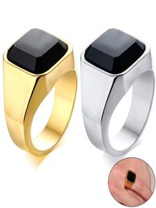 Stylish Mens Signet Pinky Ring Gold and Silver Tones Stainless Steel Black Stone anel masculino Male Accessory1203368