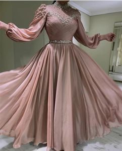 Sweety Floor Length Pink A Line Evening Dresses Pearls Beaded High Neck Long Sleeves Chiffon Formal Party Gowns Pleats Muslim Prom Dress