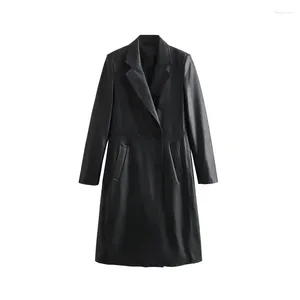 Kadın Trençkotları PU Kadınlar İçin Uzun Ceket 2023 Kış Şık Çift Göğüslü Rüzgar Derbakları Bayanlar Siyah Sıcak Dış Giyim