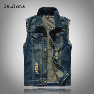 Men's Vests Samlona Plus Size 5xl 6xl Men Denim Jackets Sleeveless Multipockets Jean Vest Mens Fashion Hole Ripped Sexy Jeans Jacket 231130