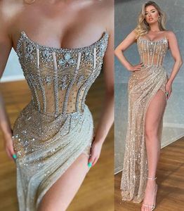 Luxury Long Plus Size Evening Dresses Strapless Sequin Sleeveless with Beaded Crystal Mermaid Split Sweep Train Party Gowns for Women