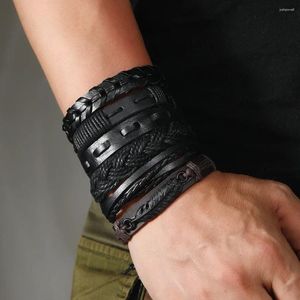 Charme Pulseiras Punk Pulseira De Couro Preto Para Homens Vintage Trançado Envoltório Pulseira Corda Mens Beads Set Jóias Atacado