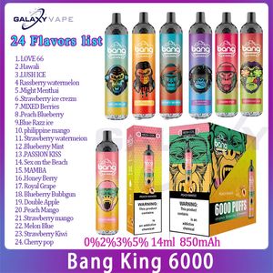 Original Bang King 6000 Disposable Vape 850mAh Rechargeable Battery 14ml Pod Mesh Coil 0%2%3%5% level Puffs 6 kit 24 Flavors