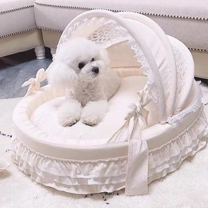 kennels pens Pet Cradle Bed with Cotton Puppy Kitten Princess Sofa Dog Cushion Morandi Beige 231130