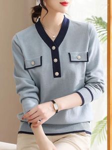Women's Knits Chic Autumn Women Pullover V-neck Long Sleeves Screw Thread Embroidered Flares False Pockets Button Fashion Casual Sweaters