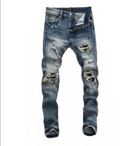 2021 HIPHOP HIGHT STREET MARKA MARKA JEANS RETRO TORN FOLD STITCHING MEN039S Designer Motorcycle Riding Slim Pants Rozmiar 28402294208