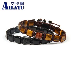 Kette Ailatu Herren-Armband, natürliches Tigerauge, schwarzer Onyx, quadratische Steinperlen, Rochenleder, verstellbare Makramee-Armbänder 231130