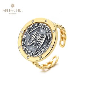 Grego Pergamon Snake Basking Moeda de prata 18K Gold Two Tons Solid 925 Roman Coins Open Vintage Ring R1019 231221