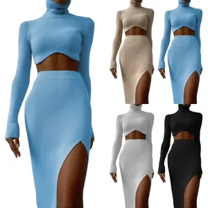 Arbetsklänningar mager turtleneck långärmad sexig tvåbitar set kvinnor midriff skörd topp sida slits bodycon kjolar stretchy mantel bröllop vestido