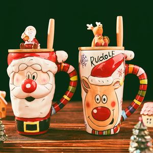 Wasserflaschen Weihnachten Keramikbecher Elch Santa Geschenk Paar Tassen 600 ml Große Kapazität Cartoon Büro Kaffeetasse mit Deckel Löffel 231130