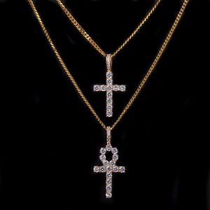 Iced Zircon Ankh Cross Halsband smycken Set Gold Silver Copper Material Bling CZ Key to Life Egypt Pendants Necklace2902
