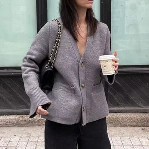 Malhas femininas 2023 outono malha cardigan casual único breasted com decote em v topos com dois bolsos roupas confortáveis