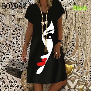 Abiti casual da donna Manica corta con scollo a V Pittura Volto Abito con stampa astratta 2023 Estate Allentato Oversize Mini Moda donna