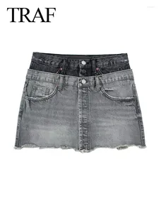 Skirts Female Chic Mini Black Grey Matching Pockets Buttons Decorate Zipper Women's Fashion Summer Denim