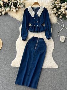 Vestido de duas peças EWQ Doce Casual Mulheres Duas Peças Conjunto Cor Sólida Peter Pan Collar Lace Flor Denim Saia Terno Primavera Verão 2023 SN0973 231201