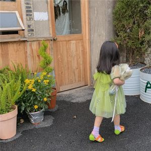 Girl Dresses Girls Princess Dress 2023 Summer Square Collar Mesh Puff Sleeve Knee-Length Fashion Cute Green Embroidered Gauze Frock