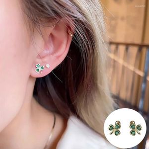 Studörhängen 925 Sterling Silver Green Diamond Plant for Women Girl Fashion Lucky Design Jewelry Birthday Present