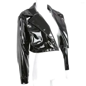 Damenjacken Mode Vinyl PVC Leder Reverskragen Tasche Kurz Club Party Lady Wet Look Langarm Crop Coat Damen Streetwear