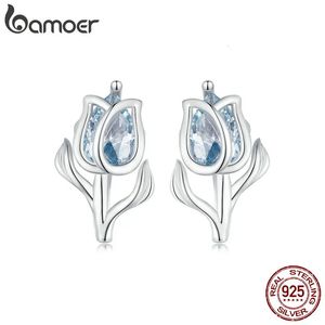 Orecchini a bottone in argento sterling 925 blu con spinello squisito a forma di tulipano Orecchini a bottone con fiori per le donne Gioielleria raffinata del partito 231130