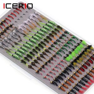 Betar lockar iCerio 147pcs scud nymf midge larver box set flugfiskflugor öring gravering panfish lock karp konstgjord fisk bete 231130