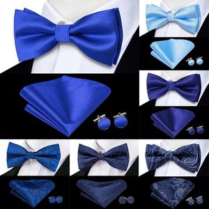 Bow Ties Hi-Tie Silk Mens Tie Hankerchief Cufflinks Set Navy Royal Sky Blue Pre-tied Butterfly Knot Bowtie For Male Wedding Business