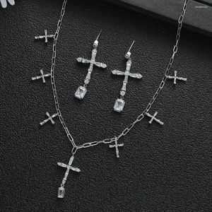 Halsbandörhängen Set Luxury Geometry Square Cross Pendant Earring For Women Wedding Full Cubic Zircon Dubai Jewelry S492