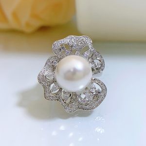 Anello di diamanti con perle di fiori di fascino Anello di fede nuziale in argento sterling 925 reale al 100% per le donne Gioielli di fidanzamento da sposa