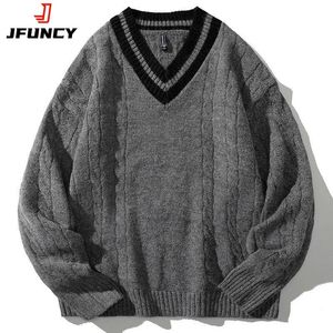 Men's Sweaters JFUNCY Mens Winter Knitted Sweaters Oversized Male Black Pullover V Neck Jumpers Men's Vintage Striped Knitwear Men Clothing 231130