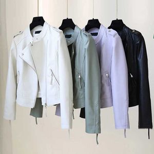 Fashion Spring Autumn Short Pu Leather Coat Women Stand Collar Slim Fit Motorcykel Faux Cropped Jacket