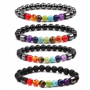 Strand masculino feminino 8mm lava rock 7 chakra difusor de óleo essencial pulseira elástica pedra natural yoga contas