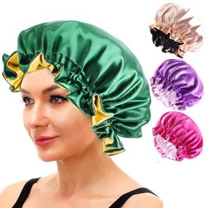 Новые женские двусторонние атласные шапочки для волос, двухслойная регулируемая шапочка для сна, очень большая круглая ночная шапочка, повязка на голову, шапочки для душа