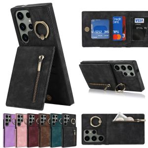 Dragkedja läder plånbok telefonfodral för Samsung Galaxy S23 Ultra S22 S21 Plus FE Note20 A71 A53 5G A52 A51 A33 Card Slots Ring Holder Cover