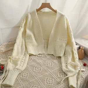 Women's Knits Cropped Cardigan Women Autumn Bow Lace Up Long Sleeve Sweater Coat Korean Chic Simple Hollow Out Knitted Cardigans