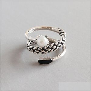 Charms New Sier Spiral Anelli di perle d'acqua dolce naturali Anelli per le donne 925 Sterling Tre strati Twist Knitting Finger Ring Bijoux Dro Dhcjv