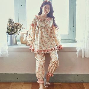 Conjuntos de pijamas femininos de renda floral fofos. Conjunto de pijama de princesa de manga comprida feminino vintage feminino.
