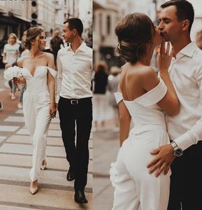 2023 bröllop jumpsuit klänning från axeln snörning mjuk satin brud party klänningar ut byxor passar vestidos de novia