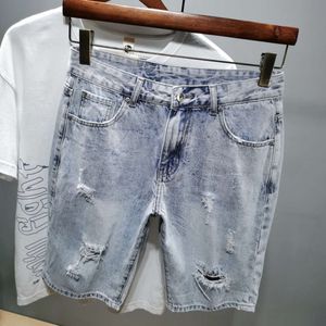 Rippade män sommarljusblå rak denim shorts man hip hop oroliga hål korta manliga jeans hombre överdimensionera