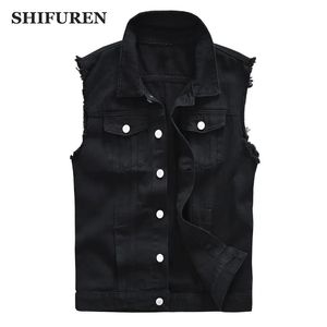 Men's Vests SHIFUREN Men Cotton Ripped Jeans Sleeveless Jacket Black Denim Vest Singlebreasted Male Hip Hop Washed Cowboy Waistcoat 231130